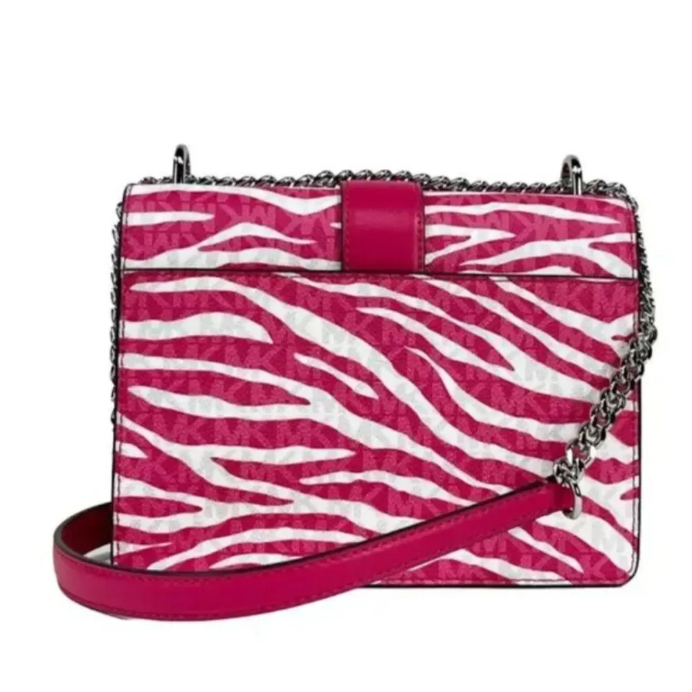Michael Kors Greenwich Small Flap Shoulder Crossbody Bright Pink White Handbag - Picture 7 of 9